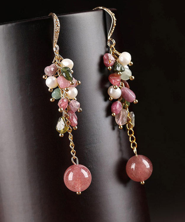 Simple Pink Copper Crystal Pearl Drop Earrings