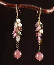 Simple Pink Copper Crystal Pearl Drop Earrings