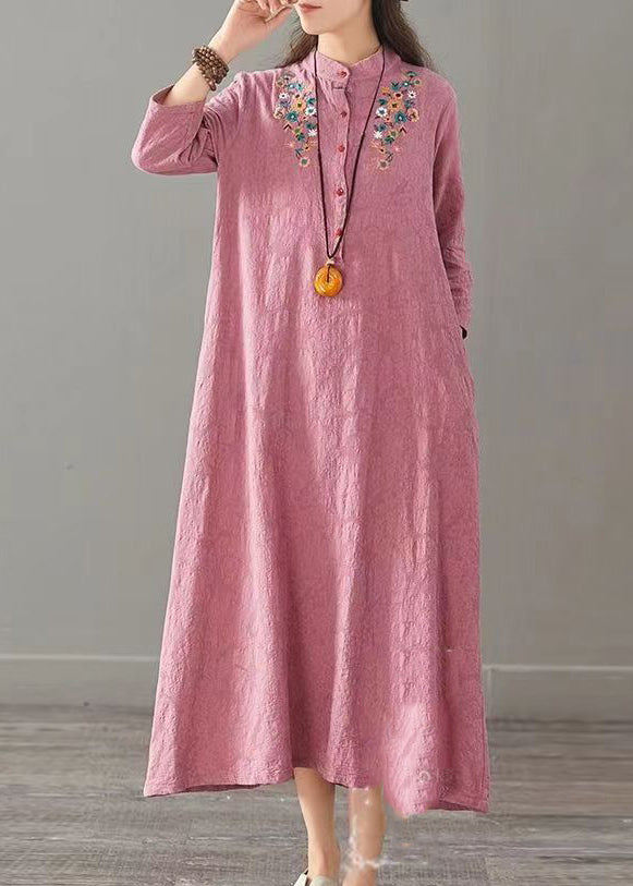 Simple Pink Embroidered Pockets Patchwork Cotton Dress Fall