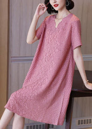 Simple Pink Jacquard V Neck Summer Dress - bagstylebliss