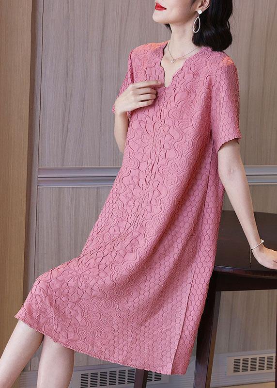 Simple Pink Jacquard V Neck Summer Dress - bagstylebliss