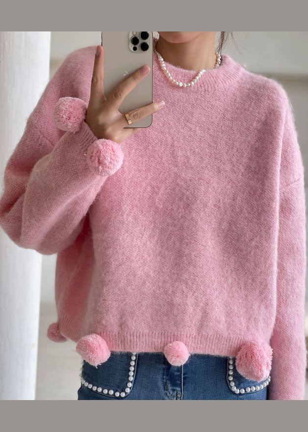 Einfacher rosa Ma Hai Mao Strickpullover Frühling