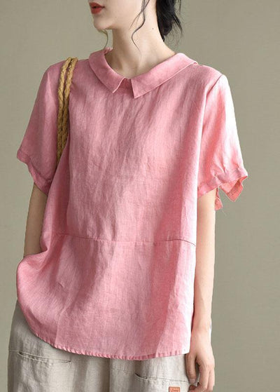 Simple Pink Peter Pan Collar Patchwork Summer Linen Blouses - bagstylebliss