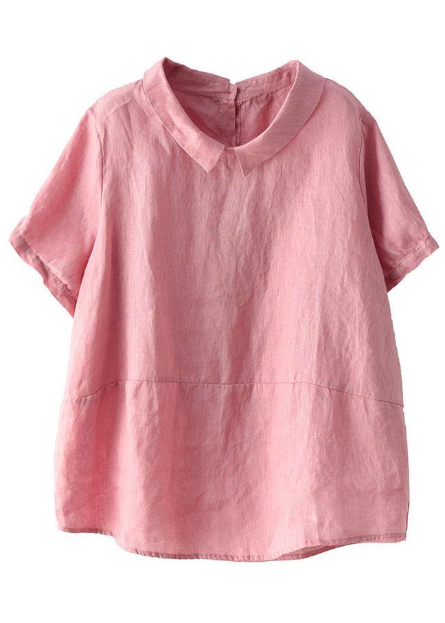 Simple Pink Peter Pan Collar Patchwork Summer Linen Blouses - bagstylebliss