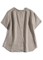 Simple Khaki Ruffled Wear On Both Sides Linen Blouses Summer