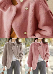 Simple Pink Stand Collar Pockets Patchwork Woolen Jackets Winter