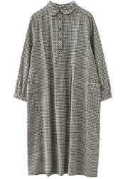 Simple Plaid Button Pockets Tie Waist Fall Party Dress Long sleeve