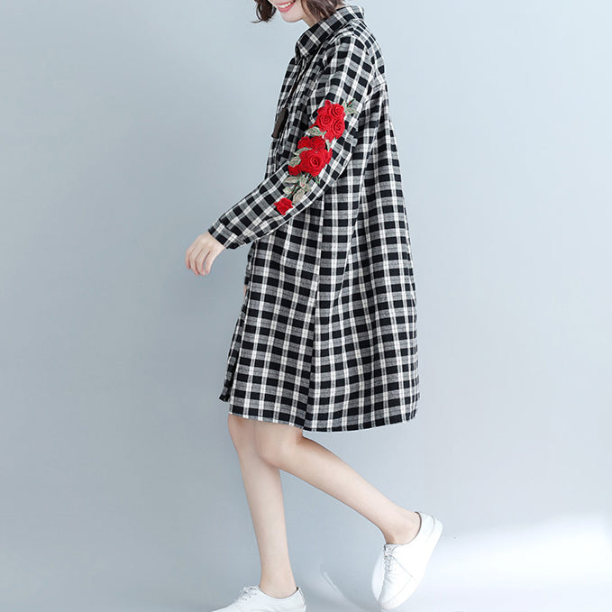 Simple Plaid Cotton quilting dresses Plus Size Tunic Tops lapel embroidery Art shirt Dress