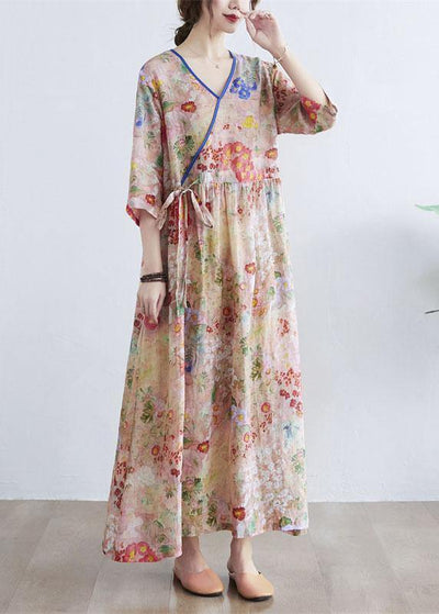 Simple Print V Neck Floral Summer Tie Waist Long Dresses Half Sleeve - bagstylebliss