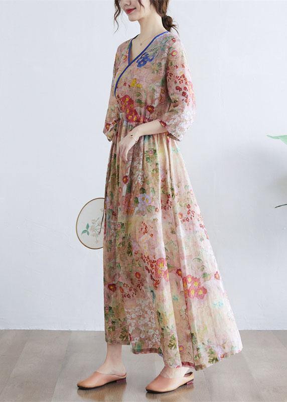 Simple Print V Neck Floral Summer Tie Waist Long Dresses Half Sleeve - bagstylebliss