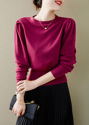 Simple Purple O Neck Patchwork Cozy Cotton Knit Top Fall