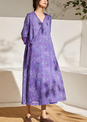 Simple Purple Patchwork Tie Waist Print Summer Ramie Vacation Dress - bagstylebliss