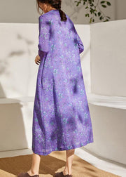 Simple Purple Patchwork Tie Waist Print Summer Ramie Vacation Dress - bagstylebliss