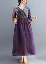 Simple Purple Print Tunic Pattern V Neck Tie Waist Loose Spring Dress - bagstylebliss