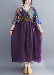Simple Purple Print Tunic Pattern V Neck Tie Waist Loose Spring Dress - bagstylebliss