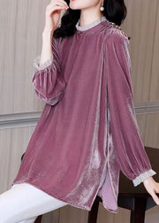 Simple Purple Ruffled Patchwork Velour Shirt Top Fall