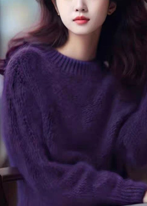 Simple Purple Solid Cozy Cotton Knit Top Long Sleeve