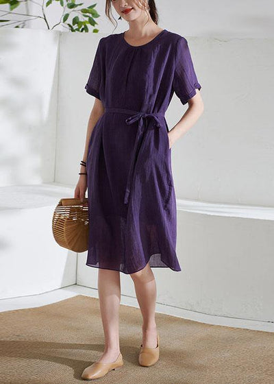 Simple Purple Tie Waist Embroideried Summer Ramie Vacation Dress - bagstylebliss