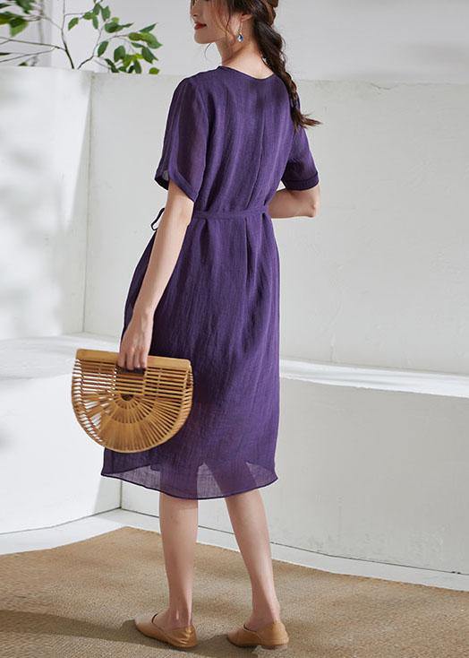 Simple Purple Tie Waist Embroideried Summer Ramie Vacation Dress - bagstylebliss