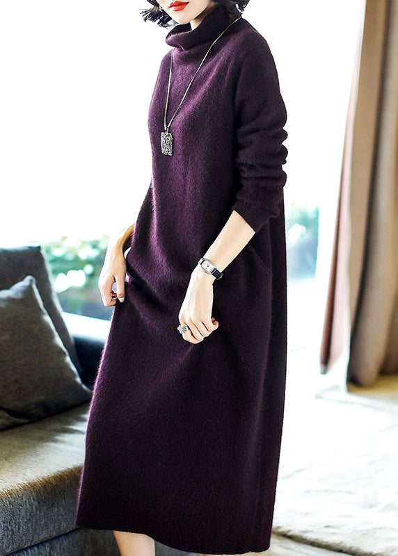 Simple Purple Turtleneck Pockets Cashmere Long Dresses Long Sleeve