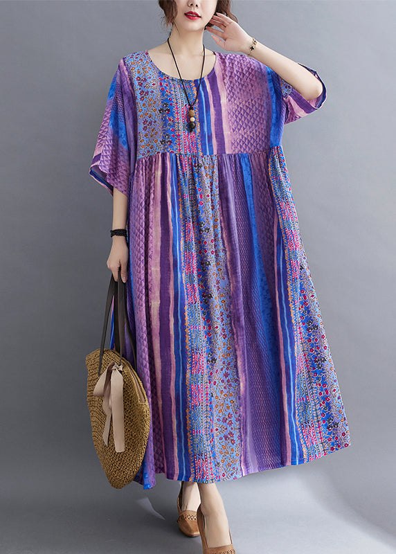 Einfaches lila geknittertes Patchwork-Taschen-Druck-Baumwolllanges Kleid-halbe Hülse