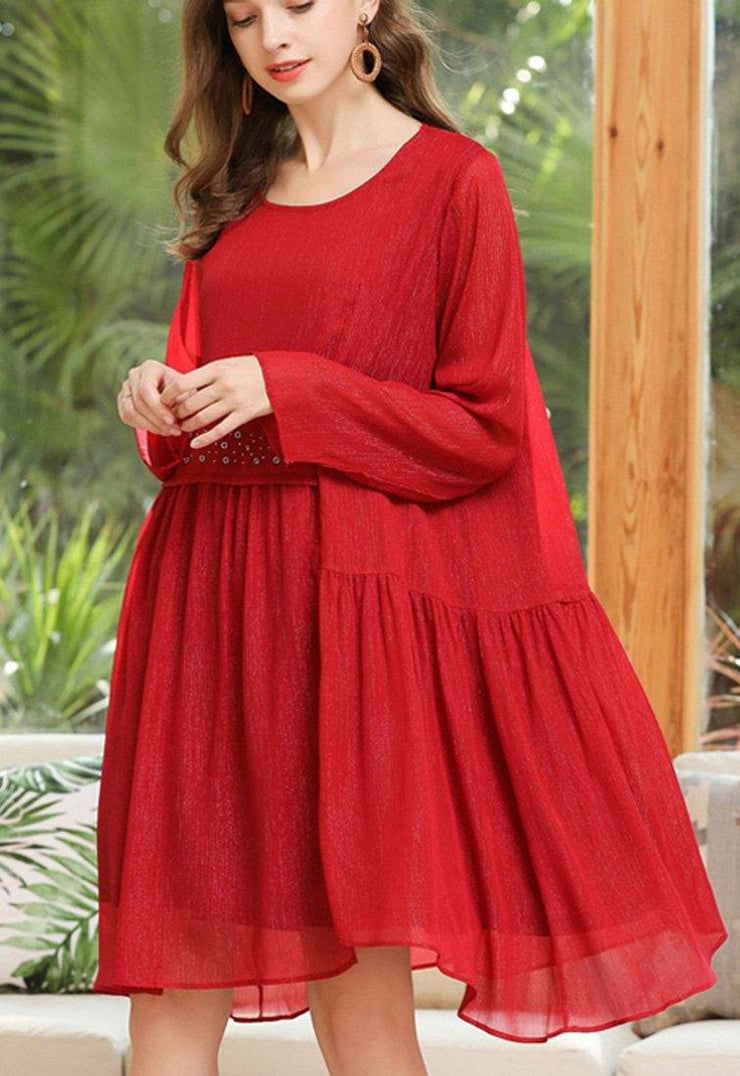 Simple Red Asymmetrical Design Chiffon Summer Dress - bagstylebliss