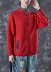 Simple Red Embroidered Warm Fleece Coat Winter