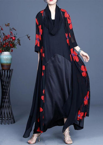 Simple Red Floral Summer Silk Long Loose Jacket - bagstylebliss