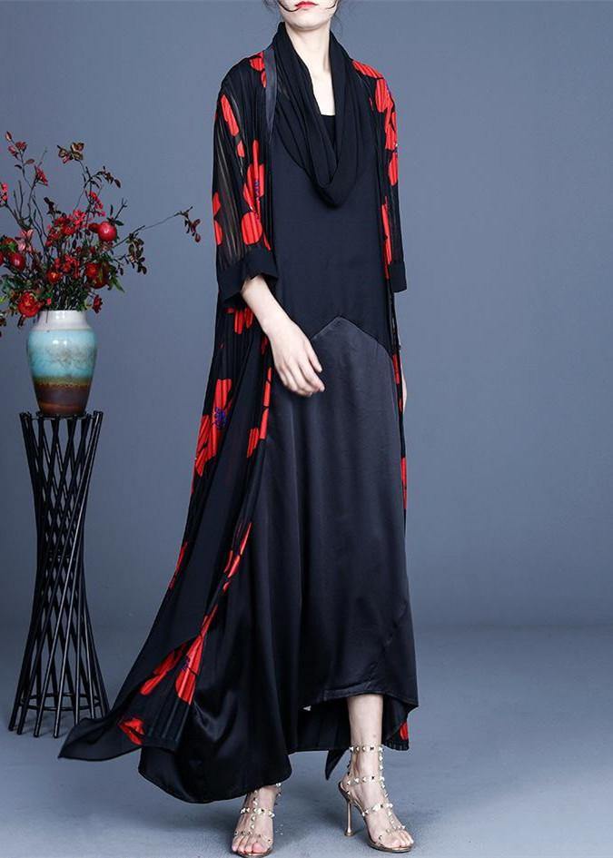 Simple Red Floral Summer Silk Long Loose Jacket - bagstylebliss