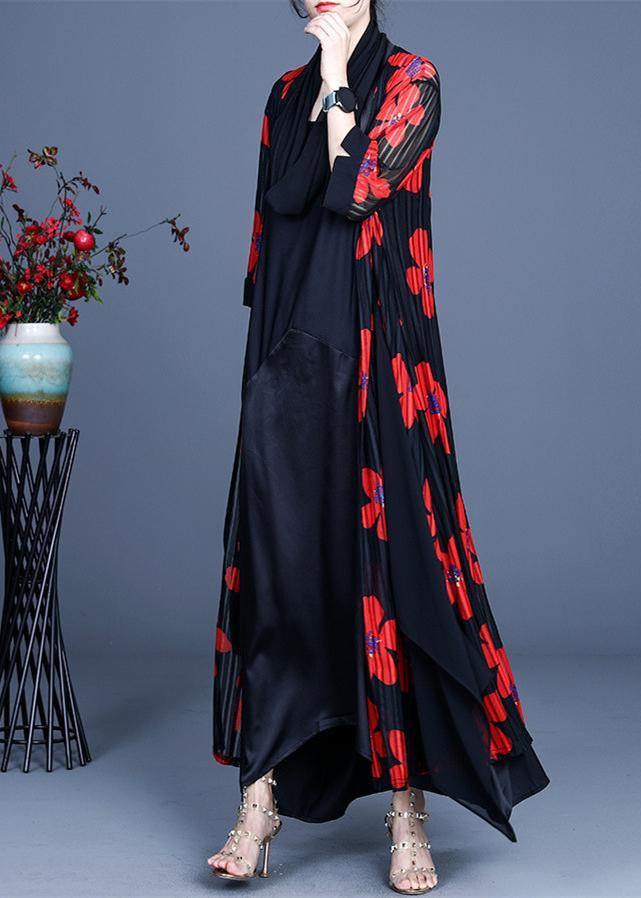 Simple Red Floral Summer Silk Long Loose Jacket - bagstylebliss