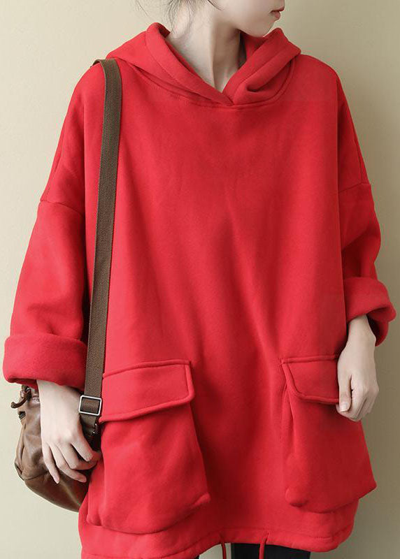 Simple Red Hooded Pockets Warm Fleece Sweatshirts Top Spring