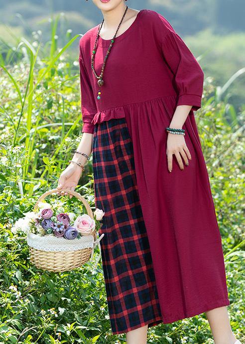 Simple Red Plaid Dress O Neck Patchwork Art Spring Dress - bagstylebliss