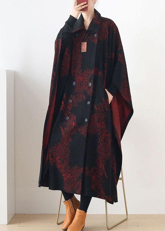 Simple Red Print Asymmetrical Design Button Coat Long - bagstylebliss