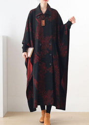 Simple Red Print Asymmetrical Design Button Coat Long - bagstylebliss