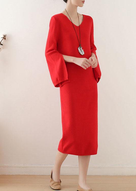 Simple Red V Neck Elegant Slim Fit Knitwear Dress - bagstylebliss