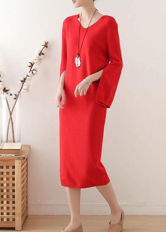 Simple Red V Neck Elegant Slim Fit Knitwear Dress - bagstylebliss