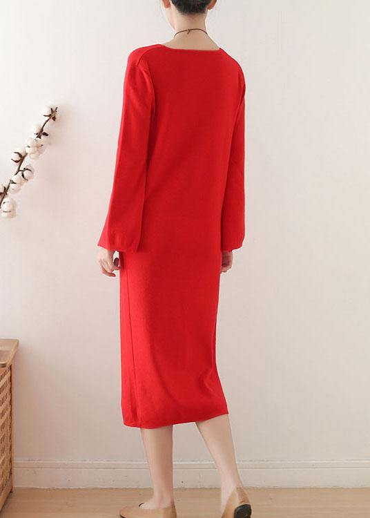 Simple Red V Neck Elegant Slim Fit Knitwear Dress - bagstylebliss