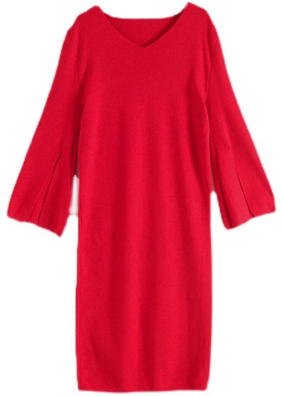 Simple Red V Neck Elegant Slim Fit Knitwear Dress - bagstylebliss