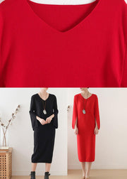 Simple Red V Neck Elegant Slim Fit Knitwear Dress - bagstylebliss