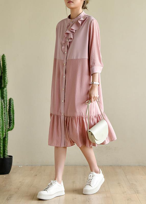 Simple Ruffles Maxi Patchwork Pink Dresses - bagstylebliss