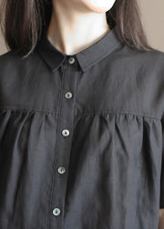 Simple Solid Black Peter Pan Collar Wrinkled Button Linen Blouses Short Sleeve