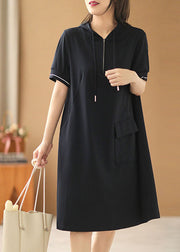 Simple Solid Navy Zippered Drawstring Hooded Pocket Cotton Sweatshirt Dress Short Sleeve