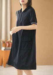 Simple Solid Navy Zippered Drawstring Hooded Pocket Cotton Sweatshirt Dress Short Sleeve