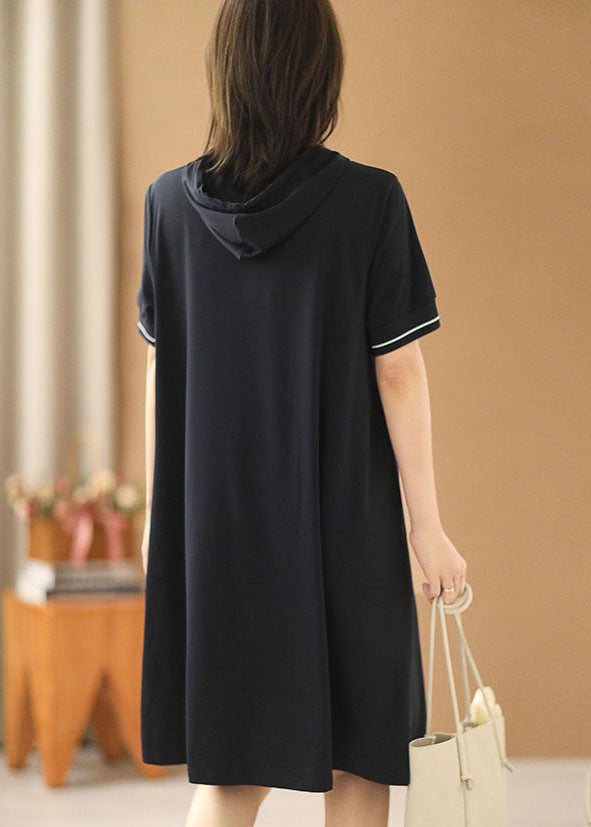 Simple Solid Navy Zippered Drawstring Hooded Pocket Cotton Sweatshirt Dress Short Sleeve