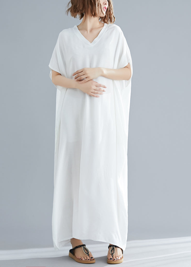 Simple Solid White V Neck Cotton Beach Long Dress Short Sleeve