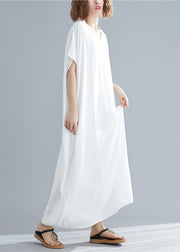 Simple Solid White V Neck Cotton Beach Long Dress Short Sleeve