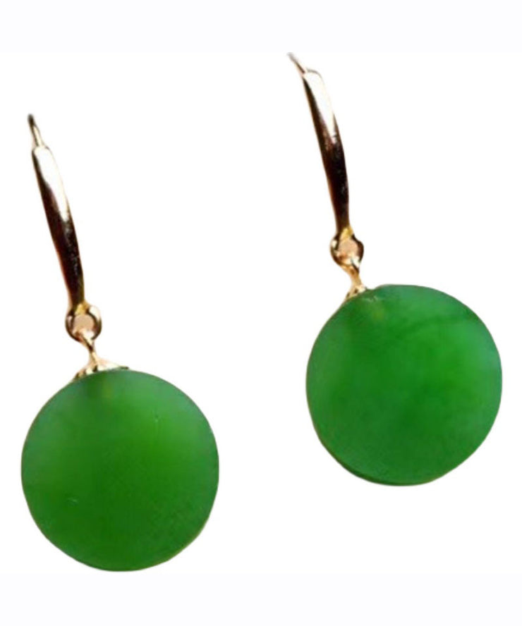 Simple Spinach Green 18K Gold Inlaid Jade Round Brand Drop Earrings