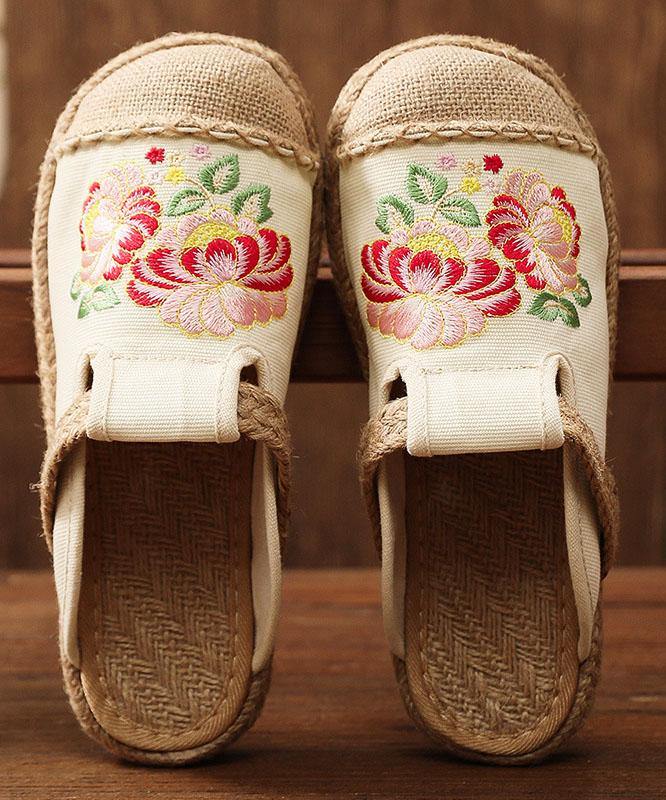 Simple Splicing Flat Shoes Beige Embroideried Cotton Linen Fabric - bagstylebliss