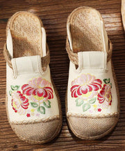 Simple Splicing Flat Shoes Beige Embroideried Cotton Linen Fabric - bagstylebliss