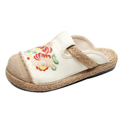 Simple Splicing Flat Shoes Beige Embroideried Cotton Linen Fabric - bagstylebliss